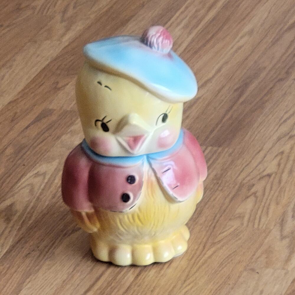 Vintage American Bisque Chick Cookie Jar MCM 1950s Chickadee Pink Jacket Kitsch